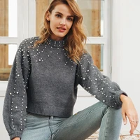 womens sweater winter 2022 new stand up collar thick knitted sweater womens loose pearl decoration lantern sleeve sweater