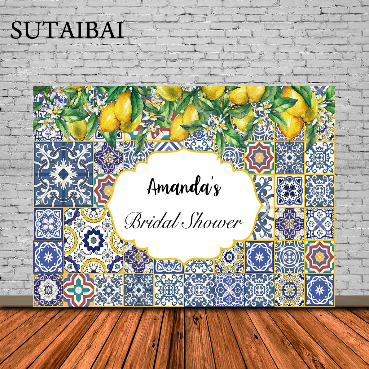 

Tuscan Lemon Wedding Backdrop Blue Tile and Lemon Photography Country Lemons Bridal Wedding or Any Event Background Photo Booth