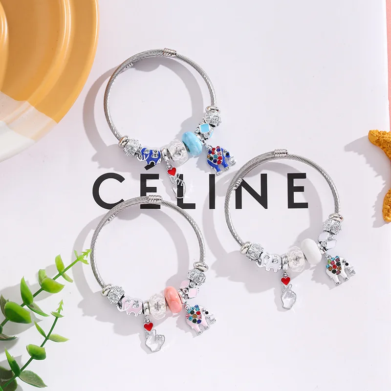 

XiaoboACC Girl Silver Bracelet Women Stainless Steel Wedding Party Elephant Pendant Non Tarnish Open Beads Bracelets Jewelry