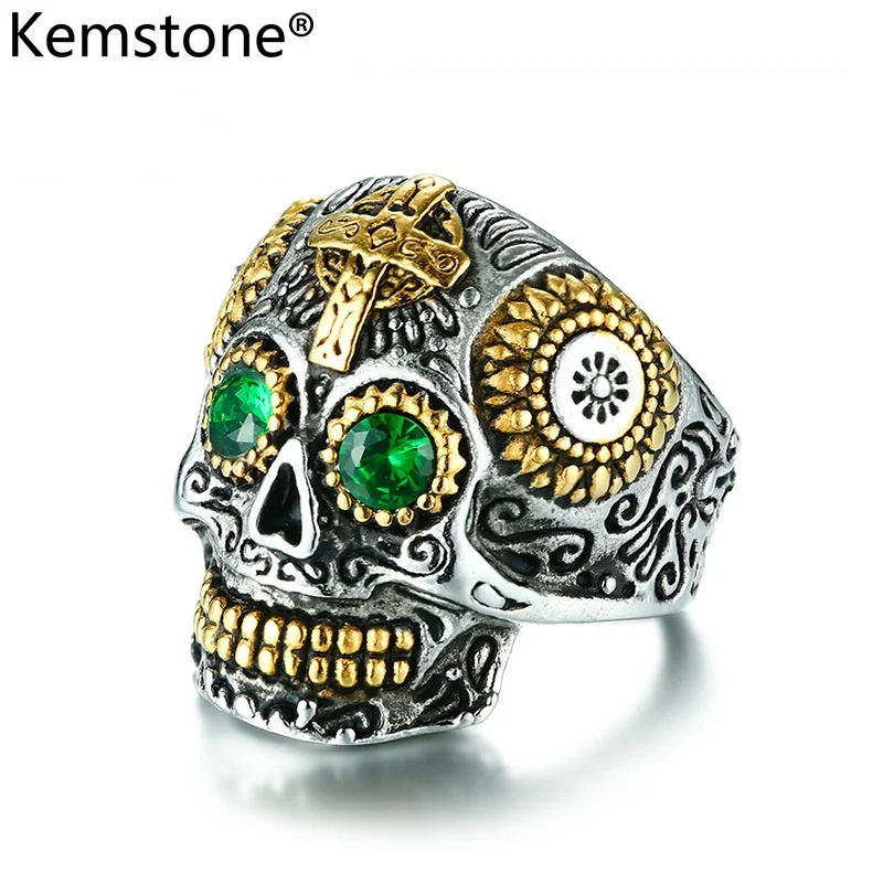 

K&M Titanium Steel Green Eye Skull Ring for Men