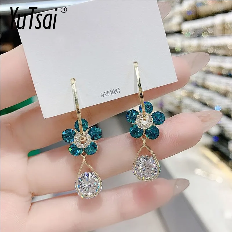 

YUTSAI Retro Fashion Blue Flower Drop Earrings Simple Sparkling Water Drop Earrings for Women Jewelry Gifts YT801