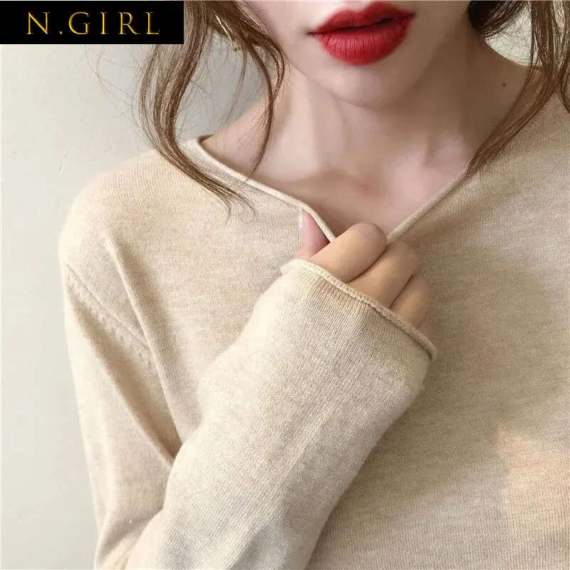 

Элегантный тонкий однотонный вязаный свитер N для девочек с круглым вырезом, корейский Свободный пуловер с длинным рукавом, свитер, Женский Универсальный Простой Топ