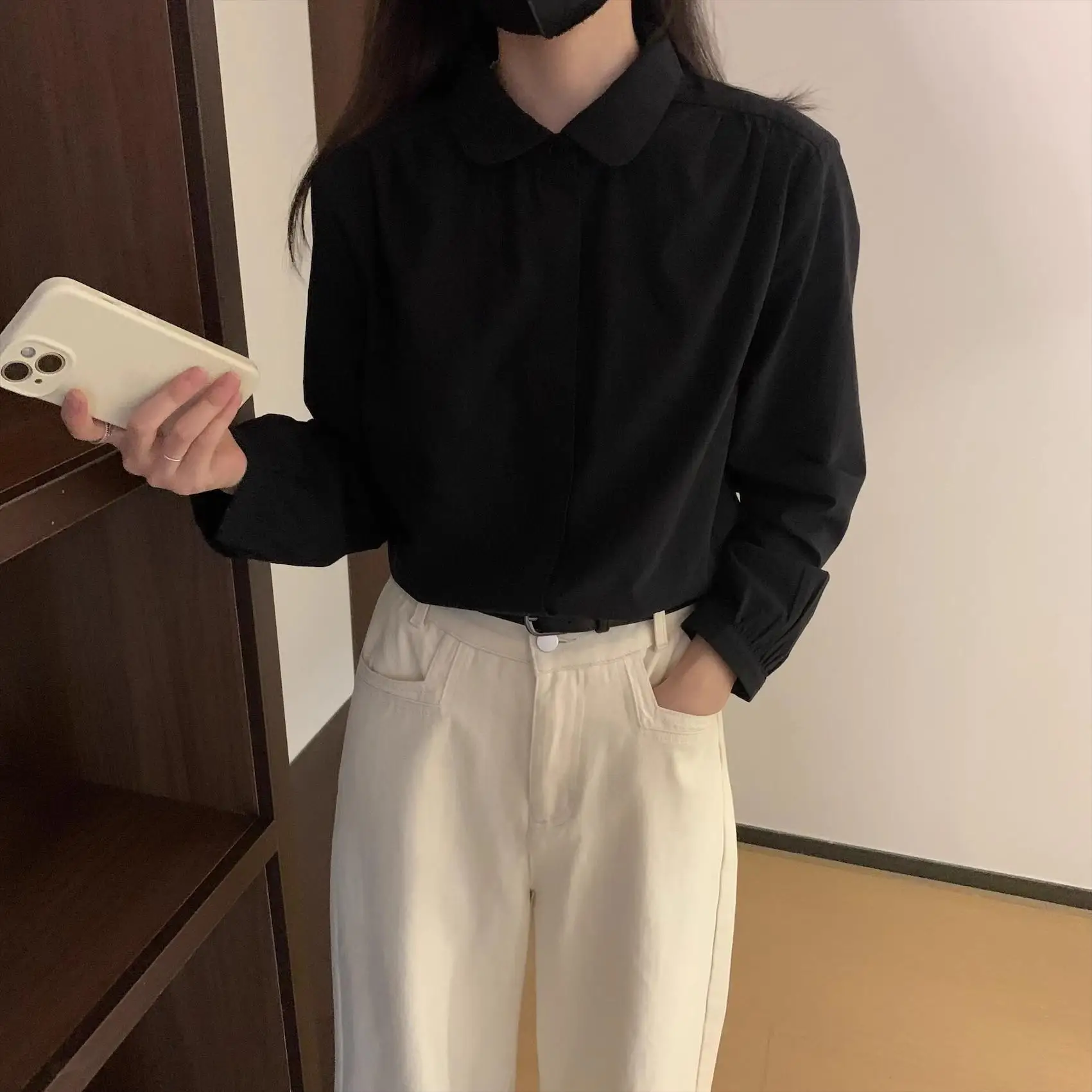 Корейские Sle 2024 осенние новые черные хлопковые рубашки с маленьким лепестком и