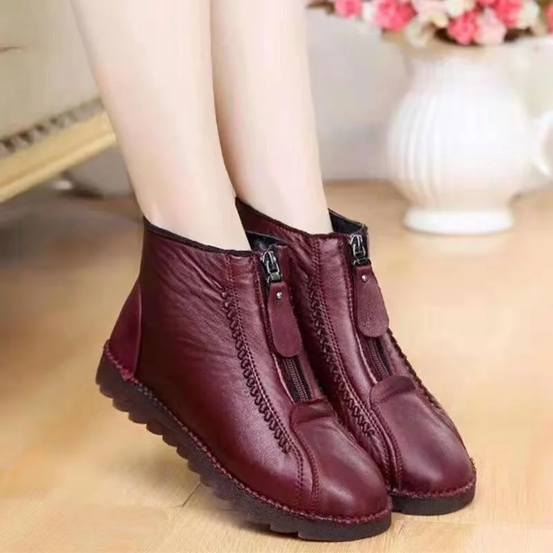 

2022 Women's Boots Fashion Warm Mother's Boots Flat-Bottom Comfortable Short Boots Creative Front Zipper Closure Winter Shoes