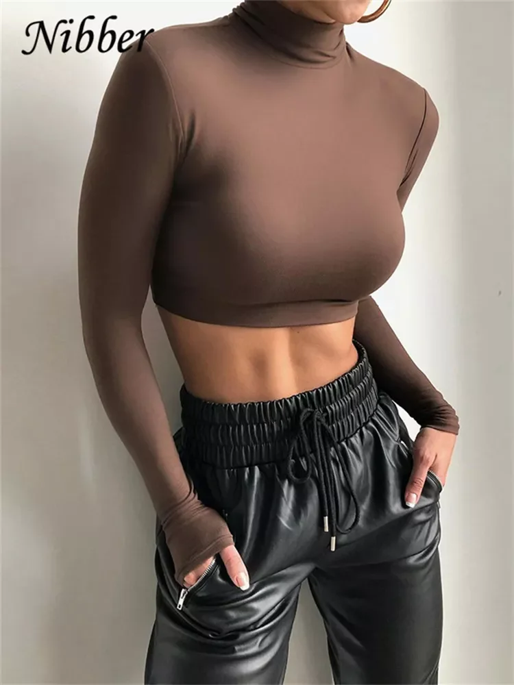 

Nibber Basic Sheath Women Solid Turtleneck Tshirt Autumn Stretch Casual Undershirt Female All-match Street Activity Crop Tops