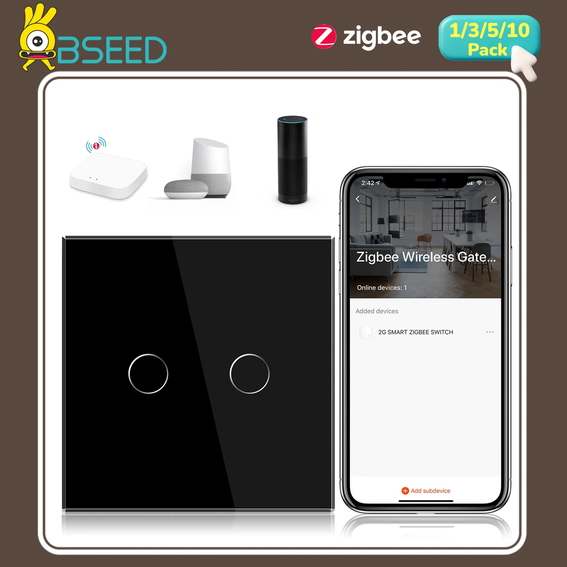 Фото Сенсорные Zigbee-выключатели BSEED 1/2/3/4-клавишные, умные настенные выключатели для лестниц, управление через Tuya, приложение Smart Life, Google, Alexa, нейтральный провод №1