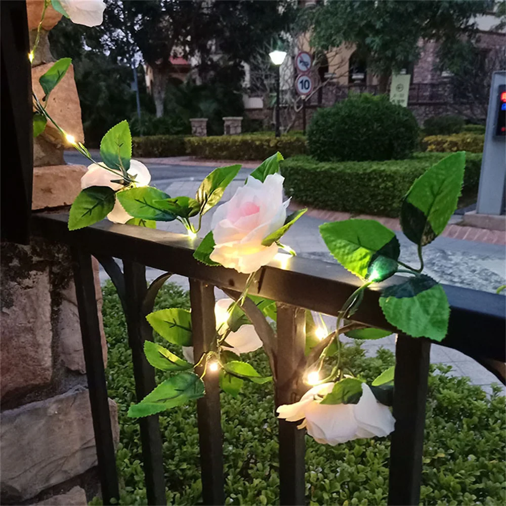 2M 5M 10M Pink Rose Flower String Lights Artificial Leaf Flower Fairy Light Outdoor Garland Decoration Lamp Garden Wedding Party