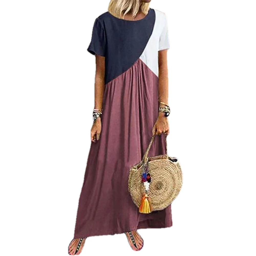 

Женское асимметричное платье с коротким рукавом, повседневное свободное платье контрастных цветов с геометрическим рисунком, большие разм...