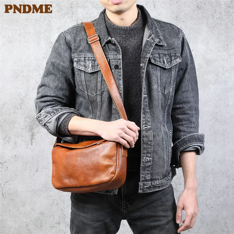 PNDME outdoor leisure natural genuine leather men's shoulder bag fashion simple weekend waterproof real cowhdie messenger bag