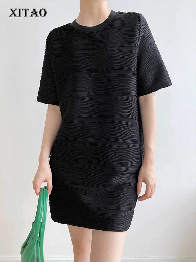 

XITAO, плиссированное Повседневное платье для женщин, Корея, лето 2022, Новое поступление, индивидуальное модное Свободное платье с круглым выре...