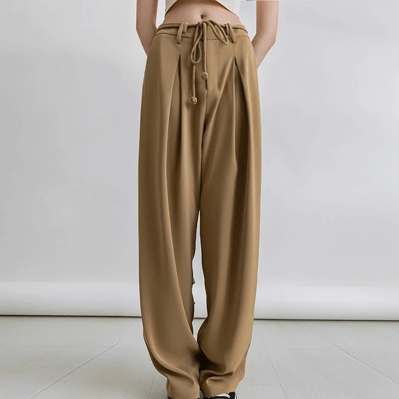 

Drape-free floor-length trousers with straps, mid-waist slim wide-leg trousers, long legs 2022 autumn/winter