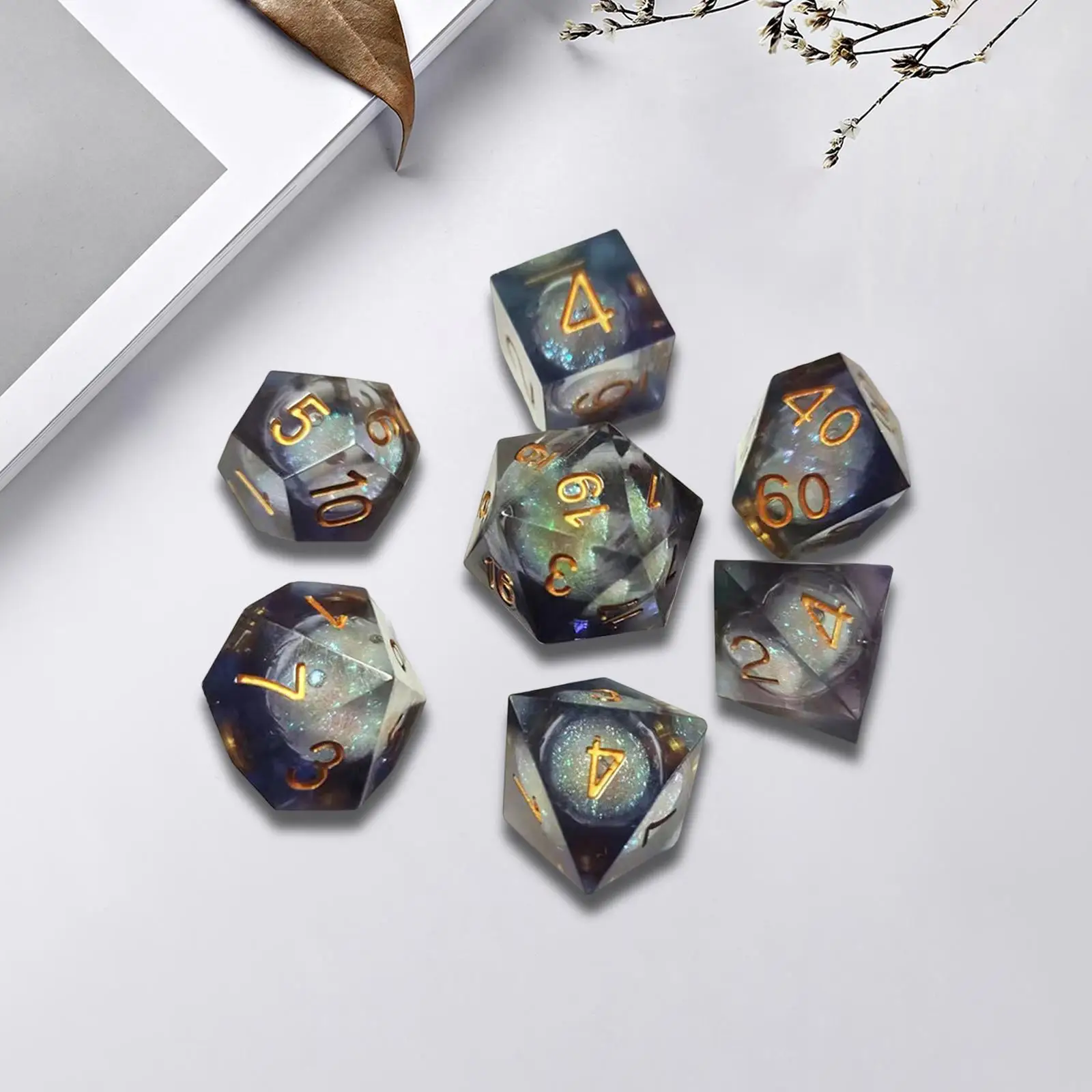 

7 Pieces Resin Polyhedral Dices Set Quicksand for Learning Activities KTV