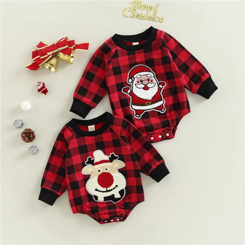 

Baby Girls Boys Red Christmas Plaid Romper 0-18 Month Infants Long Sleeve O Neck Elk/Santa Claus Print Casual Bodysuits 2023
