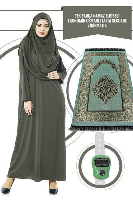 Молитвенное платье IQRAH-хаки-5015, молитвенный коврик и Zikirmatik-тройной костюм