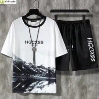 ice silk short sleeved mens suit 2022 spring and summer new korean loose large fashionable leisure sports two piece set