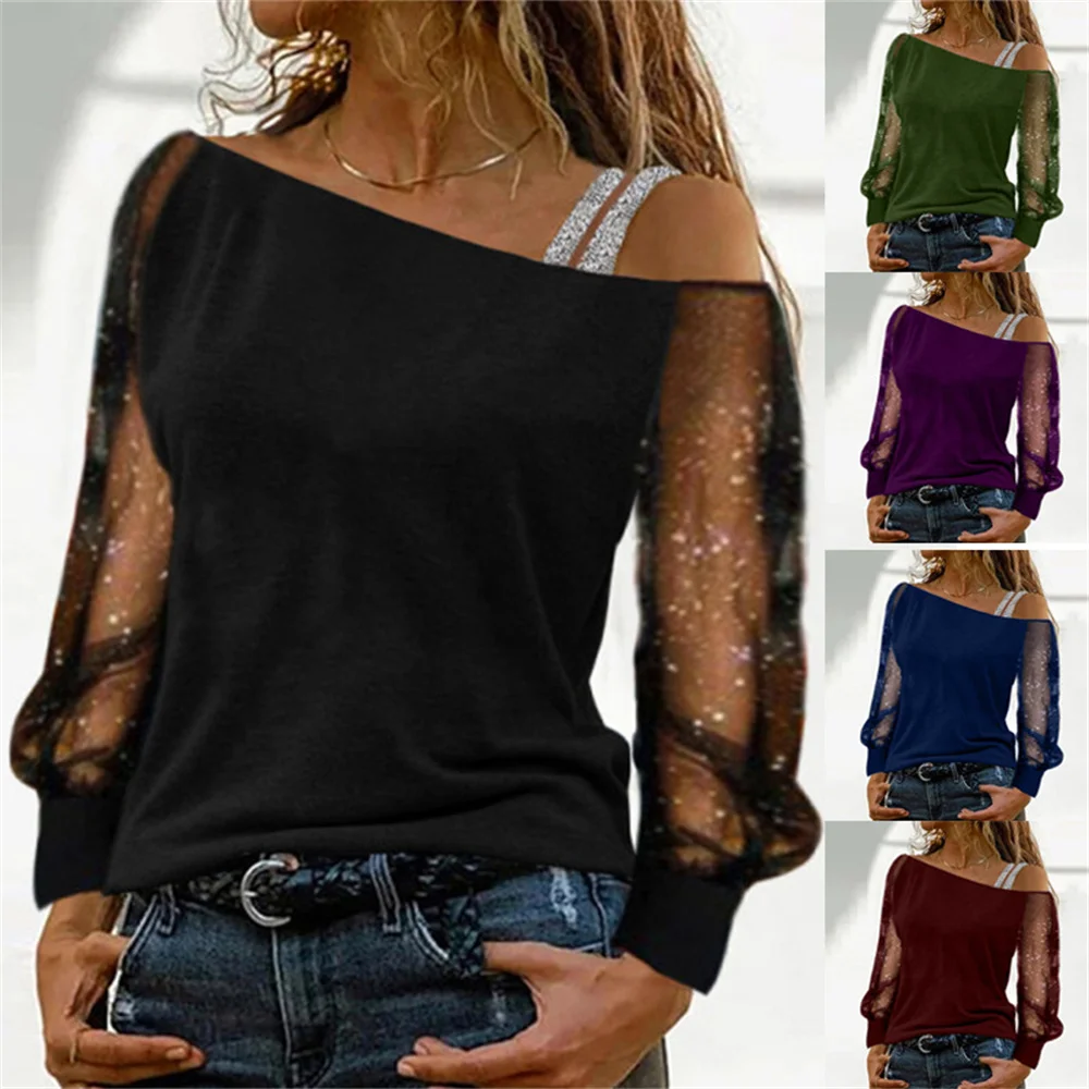 

2022 Europe and America new sexy sparkling mesh stitching top single shoulder solid color long sleeve fashion T-shirt pullover
