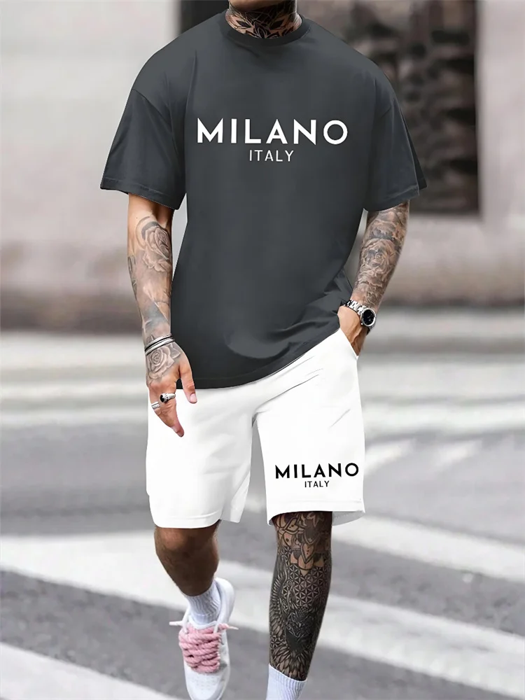 Two-piece Milano Print Men's Set Summer Casual Everyday Short-sleeved T-shirt Outdoor Street Men Fashion Sports Shorts