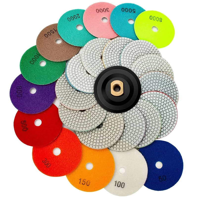 

13 Packs 4 Inch Diamond Polishing Pads With 5/8 Inch-11 Backer Pad 12PCS Wet/Dry Polish Pad Kit 50-8000 Grit
