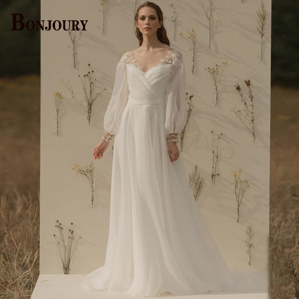 

BONJOURY Long Puff Sleeve Fluffy Wedding Dresses For Women 2022 Bride Lace Appliques A Line Muslim Customised Robe De Mariée