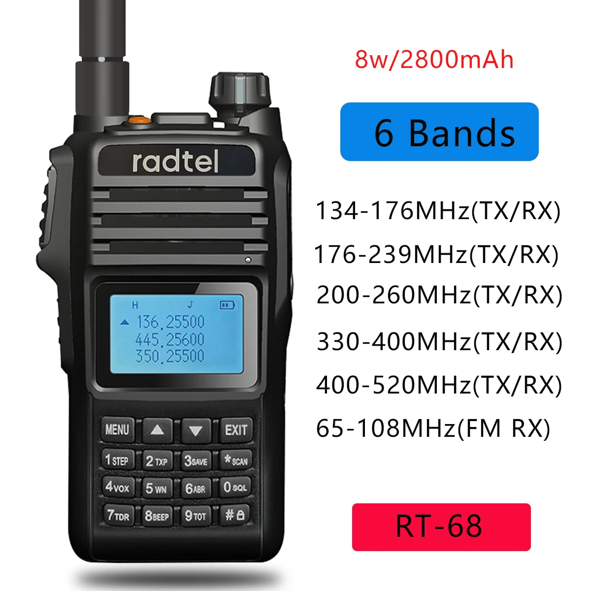 

Radtel RT-68 6 Bands Amateur Ham Two Way Radio IP68 Waterproof 8 Watt Walkie Talkie 256CH VOX DTMF LCD Color Police Scanner