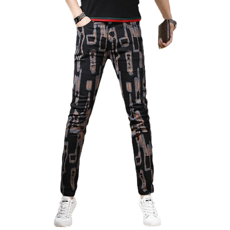Summer Men Fashion Printed Black Jeans Streetwear Casual Slim Fit Straight Pants Geometric Digital Printing Denim Trousers
