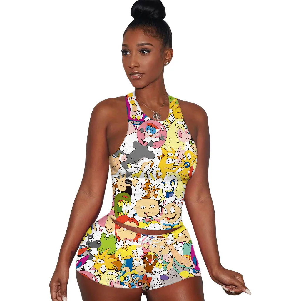 Summer Women's Suit Casual Cartoon Print Sports Vest Top and Shorts Two-piece Set Conjuntos De Mujer Tracksuit 2 Piece Set