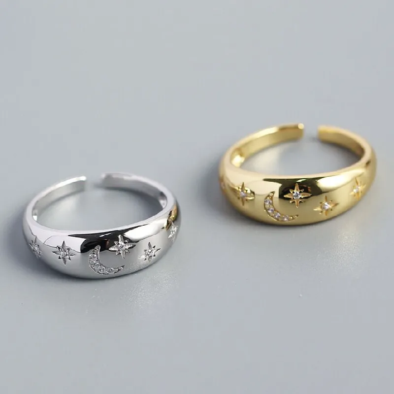 

2023 Shiny Rhineston Moon Star Open Cuff Finger Rings For Women Girl New Fashion Adjustable Jewelry Gift кольцо женское