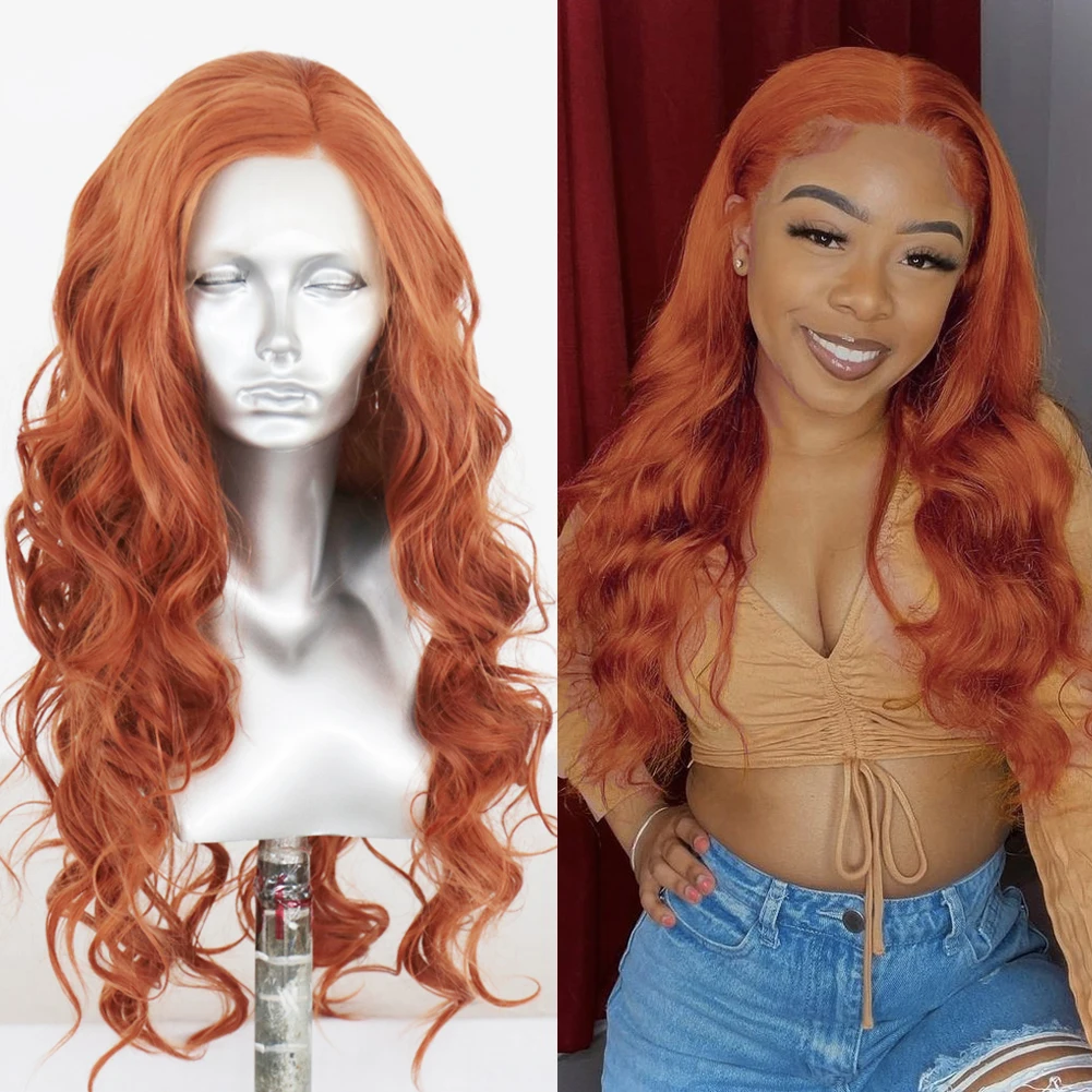 

FANXITION Long Synthetic Lace Frontal Wigs Glueless Cosplay Wig Ginger Color Body Wave Wigs For Women Heat Resistant Fiber