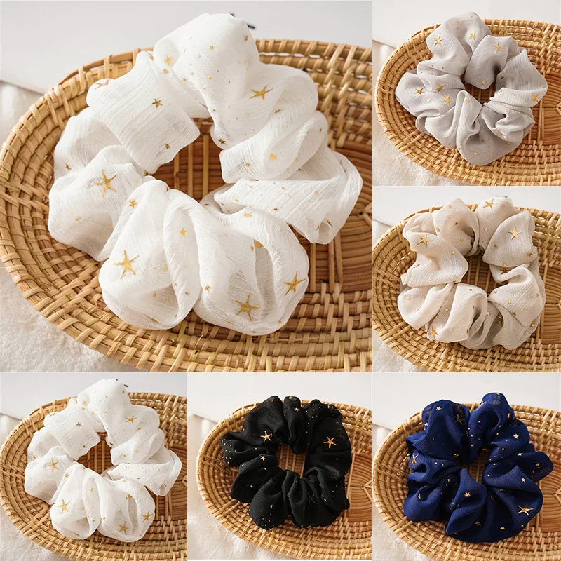 

French Organza Hair Scrunchies Star Women Girls Chiffon Large Intestine Circle Headdress Hair Ring Stretch Ponytail Holder