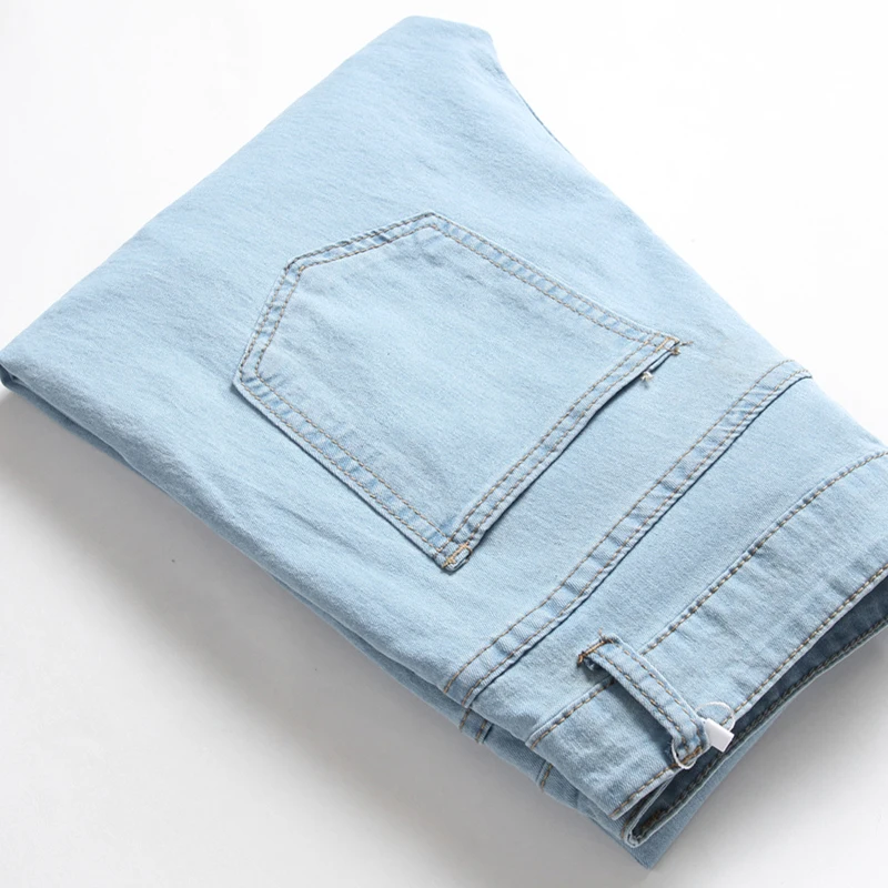 Mens Jeans Denim Pocket Pants Summer Autumn Regular Stretchy Thin Slim Fit Straight Jeans Elasticity Casual Male Zipper Trousers
