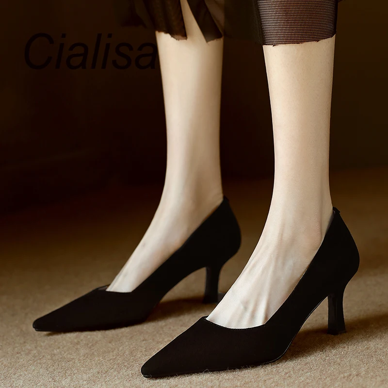 Cialisa Spring Autumn New Women Shoes Pointed Toe Kid Suede Elegant Black Pumps Office Lady Sexy Thin High Heel Footwear Size 40