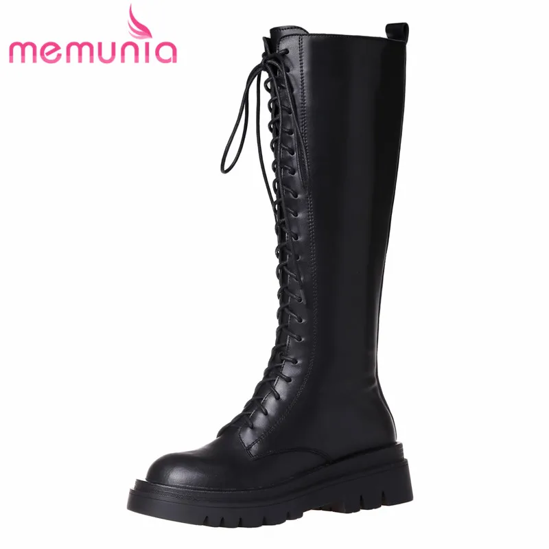 

MEMUNIA 2023 New Winter Genuine Leather Women Boots Ladies Cross Tied Knee High Boots Thick Med Heels Platform Shoes