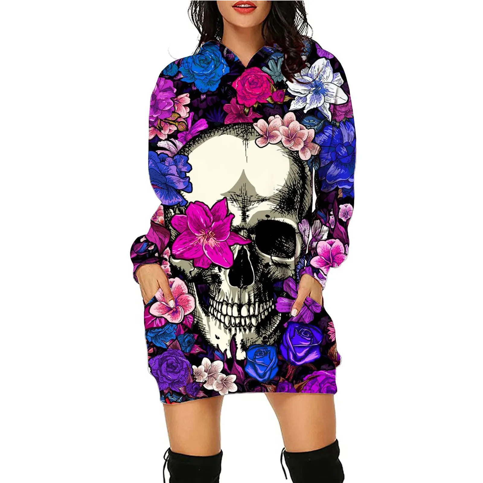 

Женское платье-свитшот с капюшоном, топ с 3d принтом черепа, средней длины, женское платье, осенние модные повседневные свободные черные платья