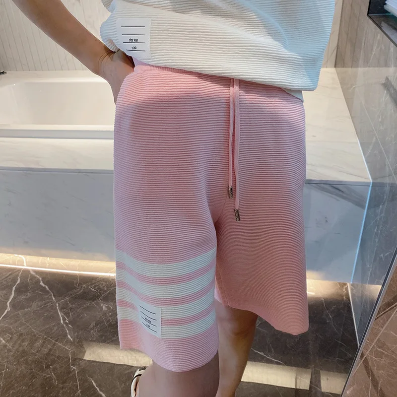 

TB Classic Four Bars Heavyweight Drum Wrapped Cotton Summer Elastic Drawstring Shorts Pink Grey Breathable Capris Fashion