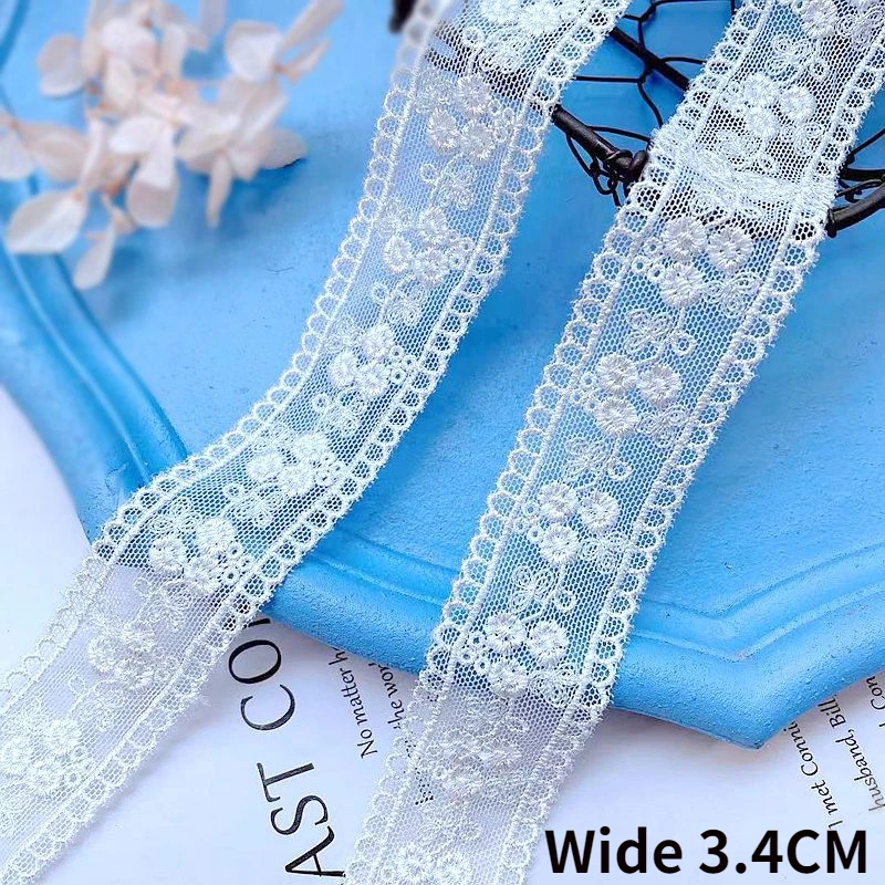 

3.4CM Wide White Tulle Mesh Embroidered Flowers Lace Trim Ribbon Headwear Dolls Clothing Dresses Collar Cuffs DIY Sewing Decor