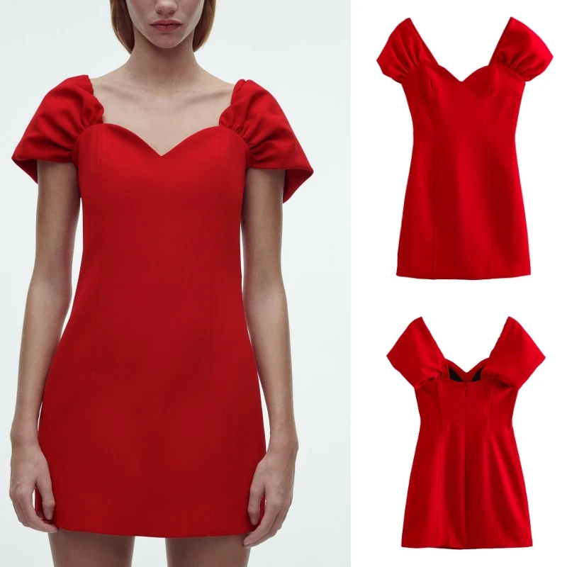 

Весеннее Новое пикантное французское Ретро Плиссированное декоративное облегающее платье без бретелек в форме сердца с пышными рукавами