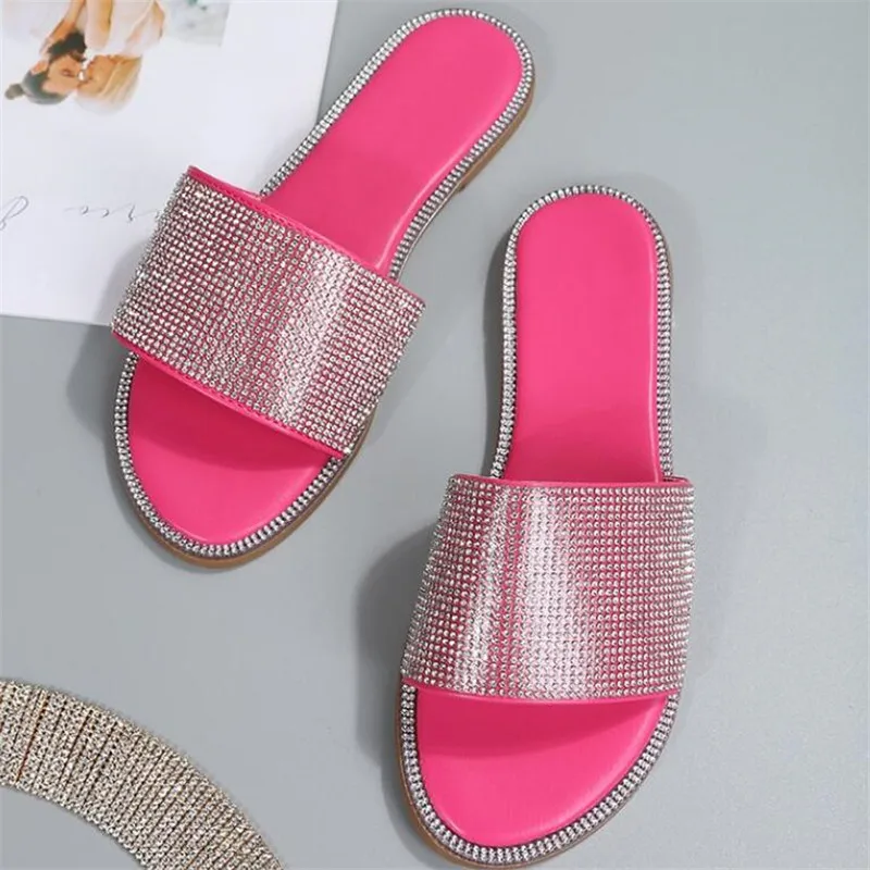

2022 plus size women's shoes fashion flat bottom rhinestone casual open toe one word sandals slippers women beach shoes slippers