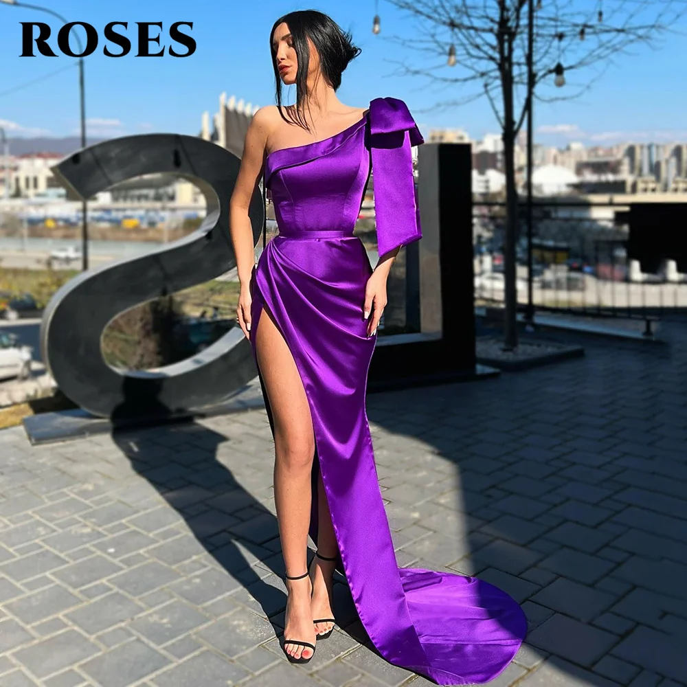 

Женское атласное платье с юбкой годе, фиолетовое длинное вечернее платье с одним открытым плечом и Боковым Разрезом, платье для выпускного вечера,