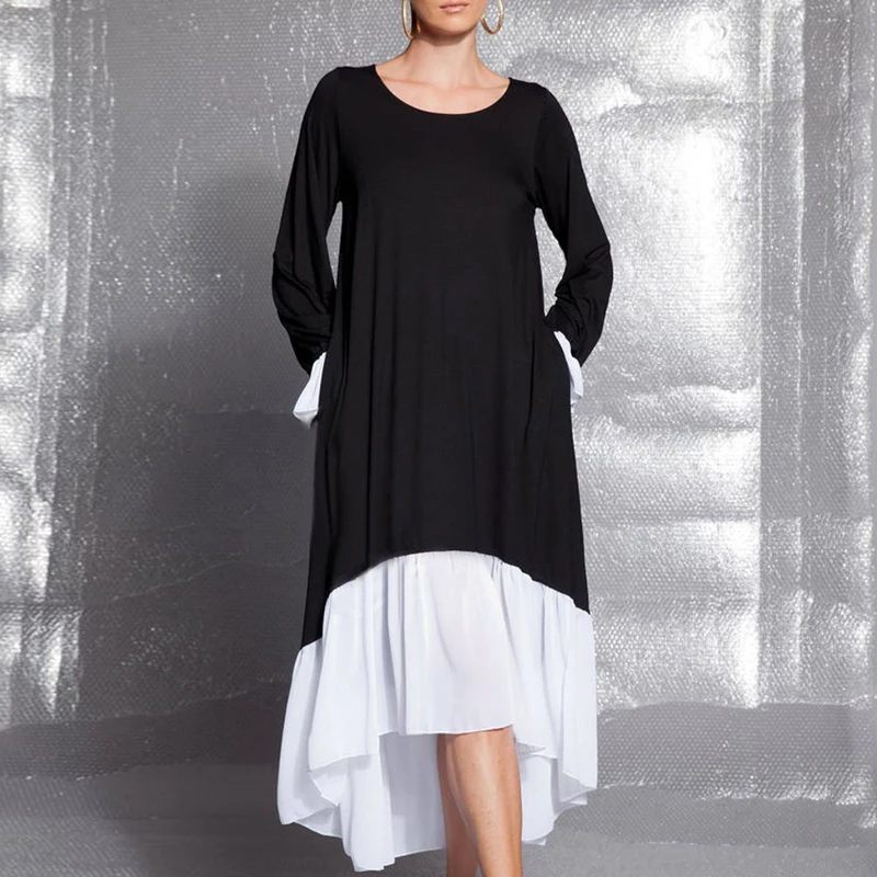 

Весеннее сексуальное длинное платье в стиле бохо с круглым вырезом, женское Плиссированное необычное платье из искусственной кожи, осеннее платье с длинным рукавом и карманами