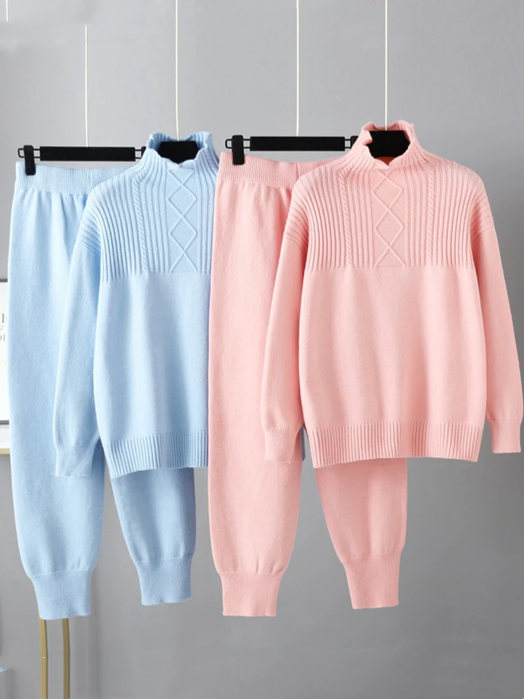

Women's Two Piece Autumn Winter Sweaters Tracksuit FashionTurtleneck Sweater + Pant Set Lady Warm Knitted Suit