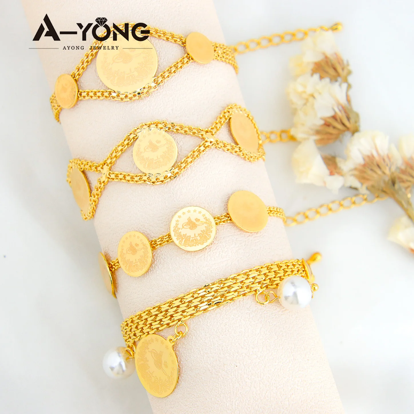 

AYONG Copper Coins Bracelet 18k Turkish Middle East Jewelry Arab Gold Plated Chain Bracelet Mulism Bridal Bangle Bracelets