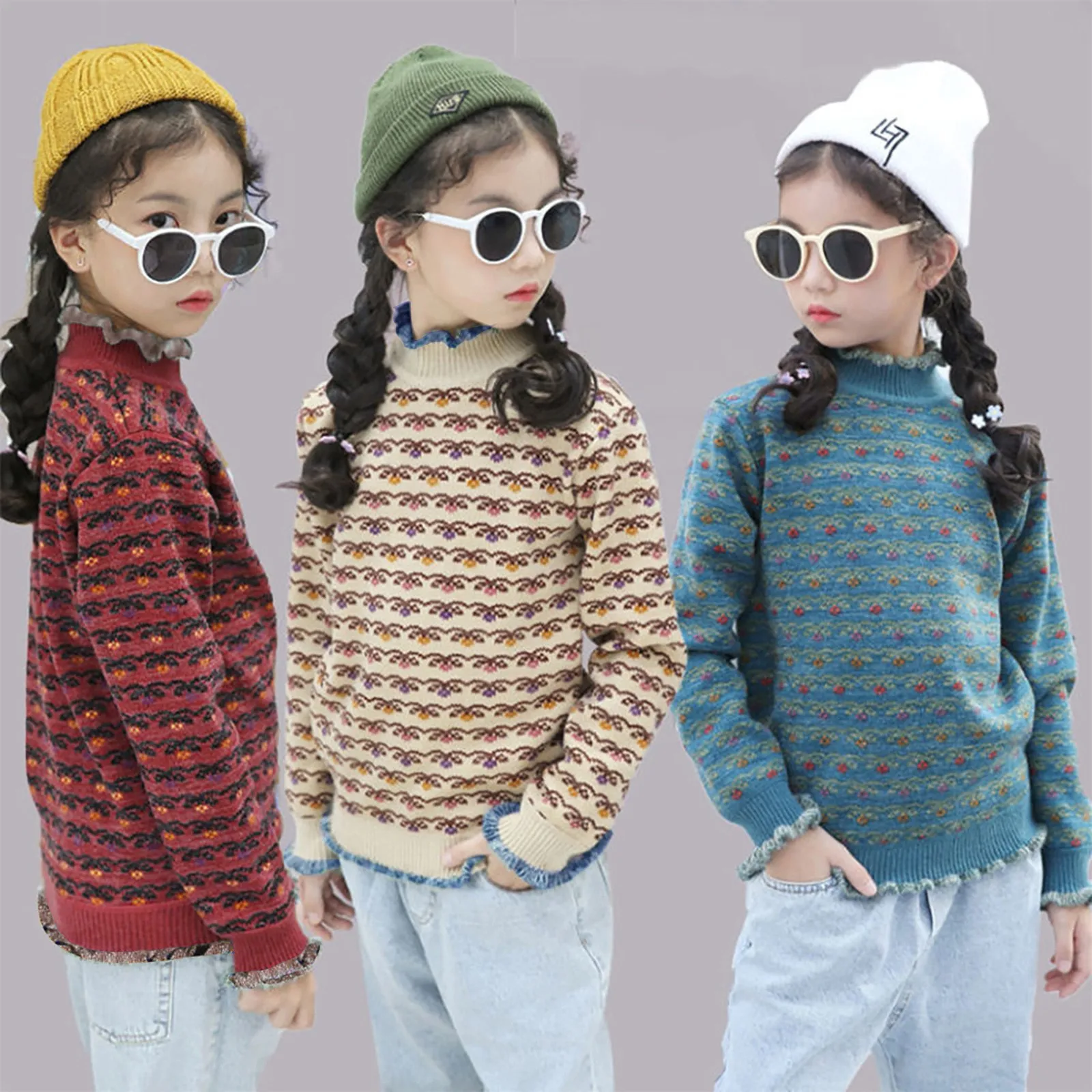 Sweater Autumn Winter Knitted Tops 3-10 Years Kids Girls Long Sleeves Sweater Pullovers Tops Pretty Prints Kids Clothes Knitwear