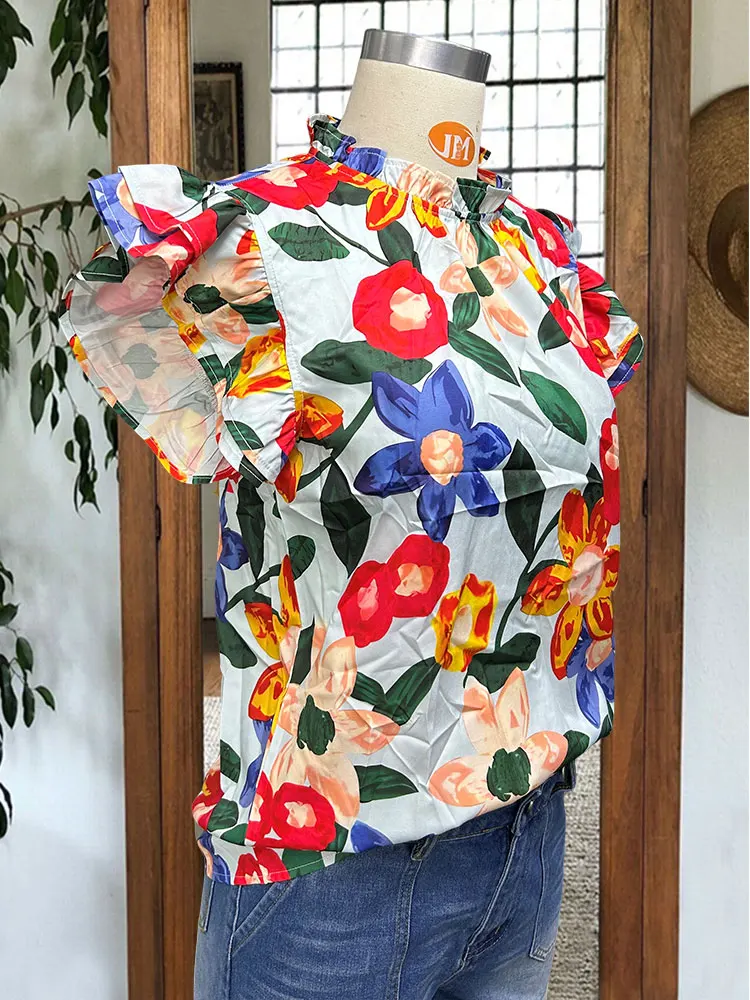 Разноцветная блузка с цветочным принтом и рюшами на рукавах многоуровневая