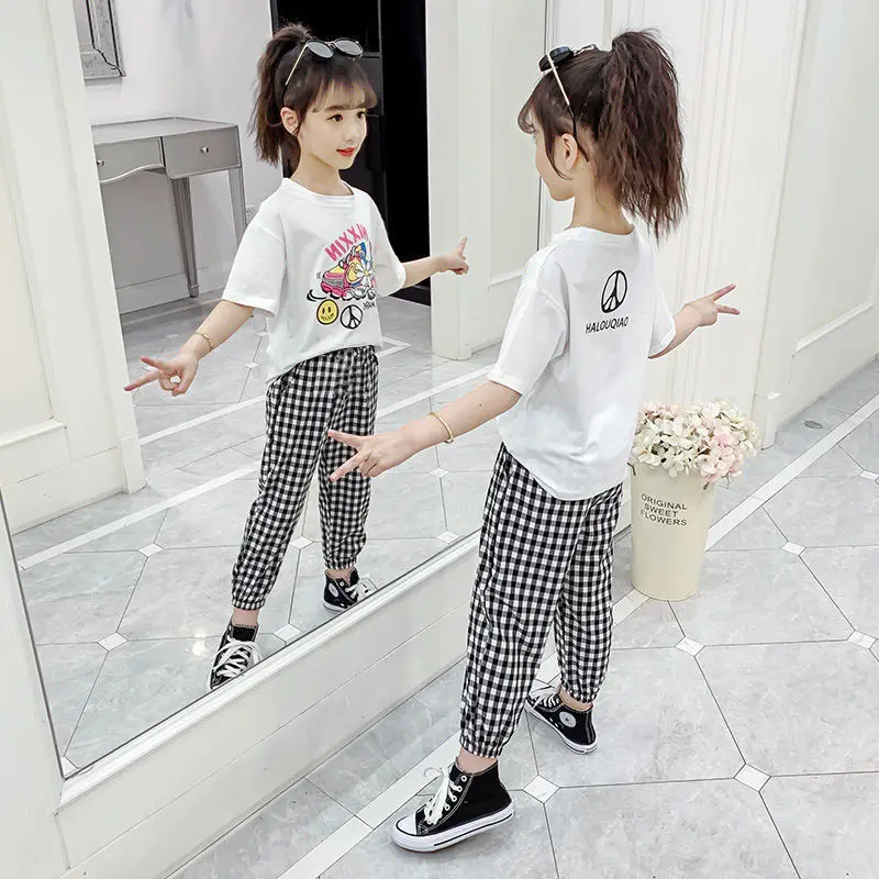 Baby Girl Summer Clothing Set 2 PCS Children Casual Print Suit Cotton Thin T-shirt + Overalls Suit Western Style Campus Sports