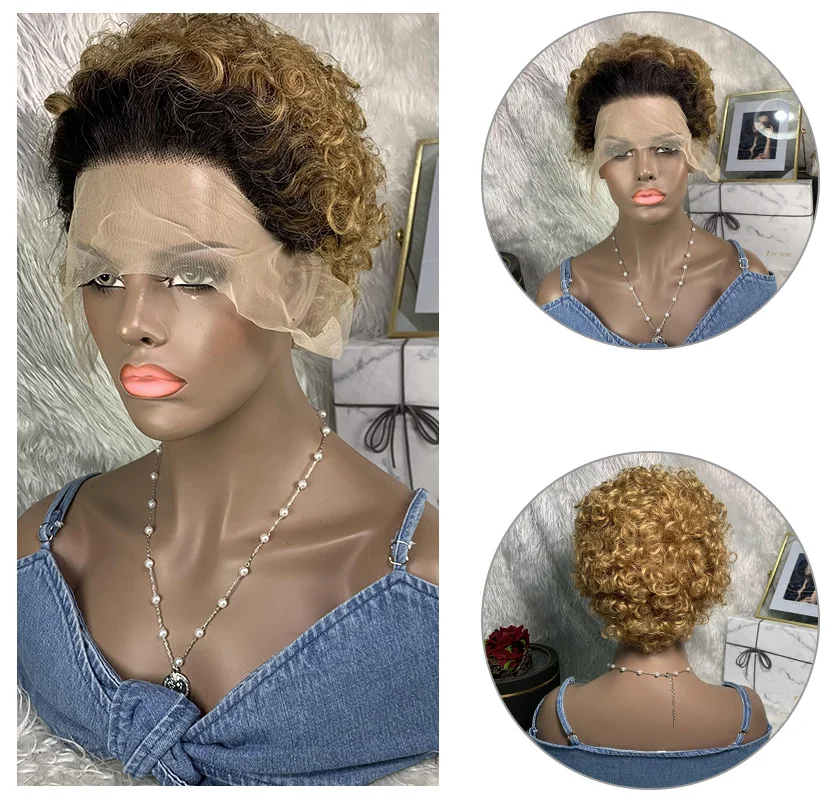 Berry Ladies Short Curly Hair Set Fashion Human Hair Afro Kinky Curly Wig for Black Women Lace Front Ombre Blonde Brazilian Wig