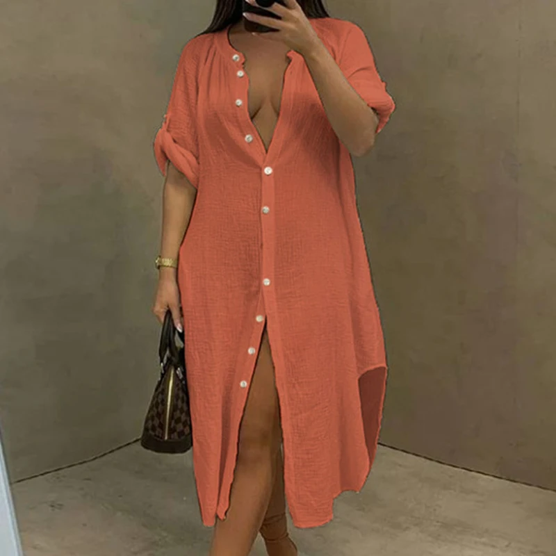 

Women Shirt Dress Solid Round Neck Straight Line Long Sleeve Buttoned Casual Beach Dress Summer