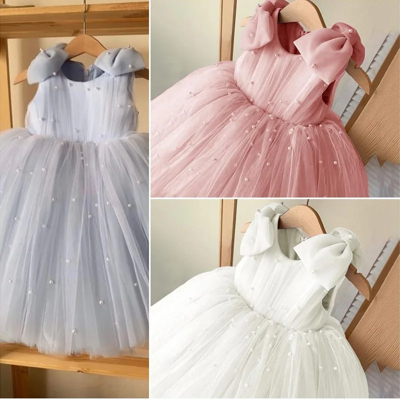 Baby Girl Princess Pearl Dress Bow Sleeveless Infant Toddler Girl Vintage Vestido Party Pageant Birthday Baby Clothes 1-12Y images - 6