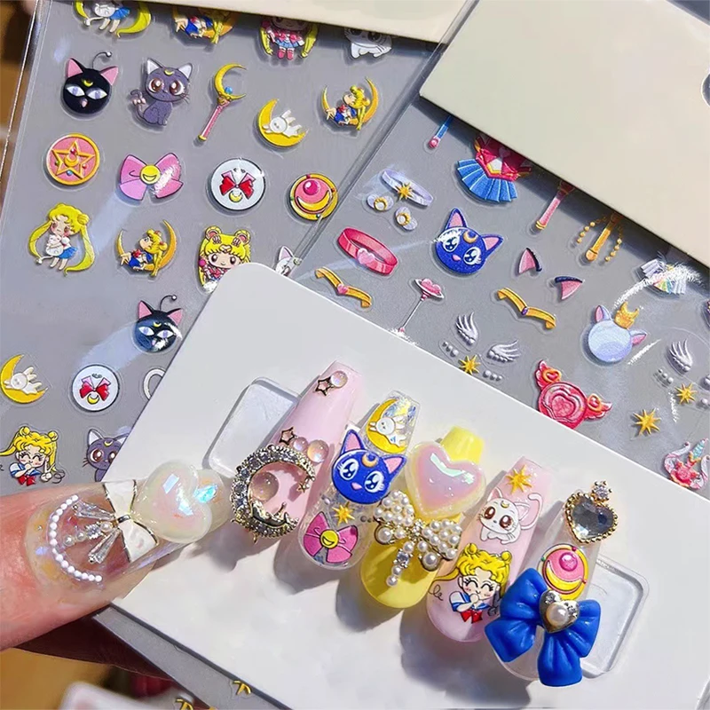 

Anime Cute Girls Art Sticker Nails Decal 3D Moon Cat Magic Girls Cosplay Self-Adhesive Nail Decals Tip Charm Manicure Decoration