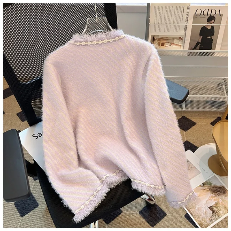 Новинка осени 2024 фиолетовый вязаный кардиган с v-образным вырезом и кисточками