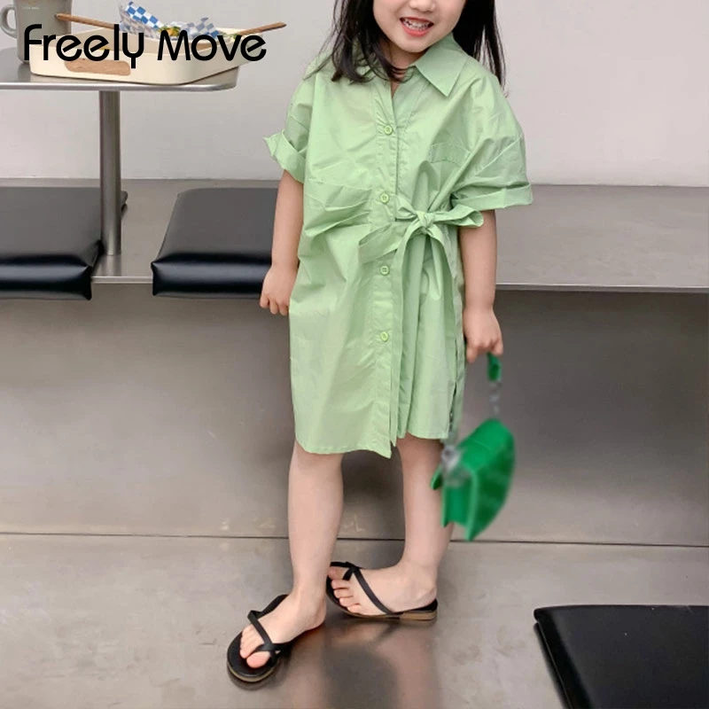 

Freely Move Girls Dress Summer Short Sleeve Sleeve Kids Clothes Front Buttons Children Clothing Green Bow Collar Blouse Dresses